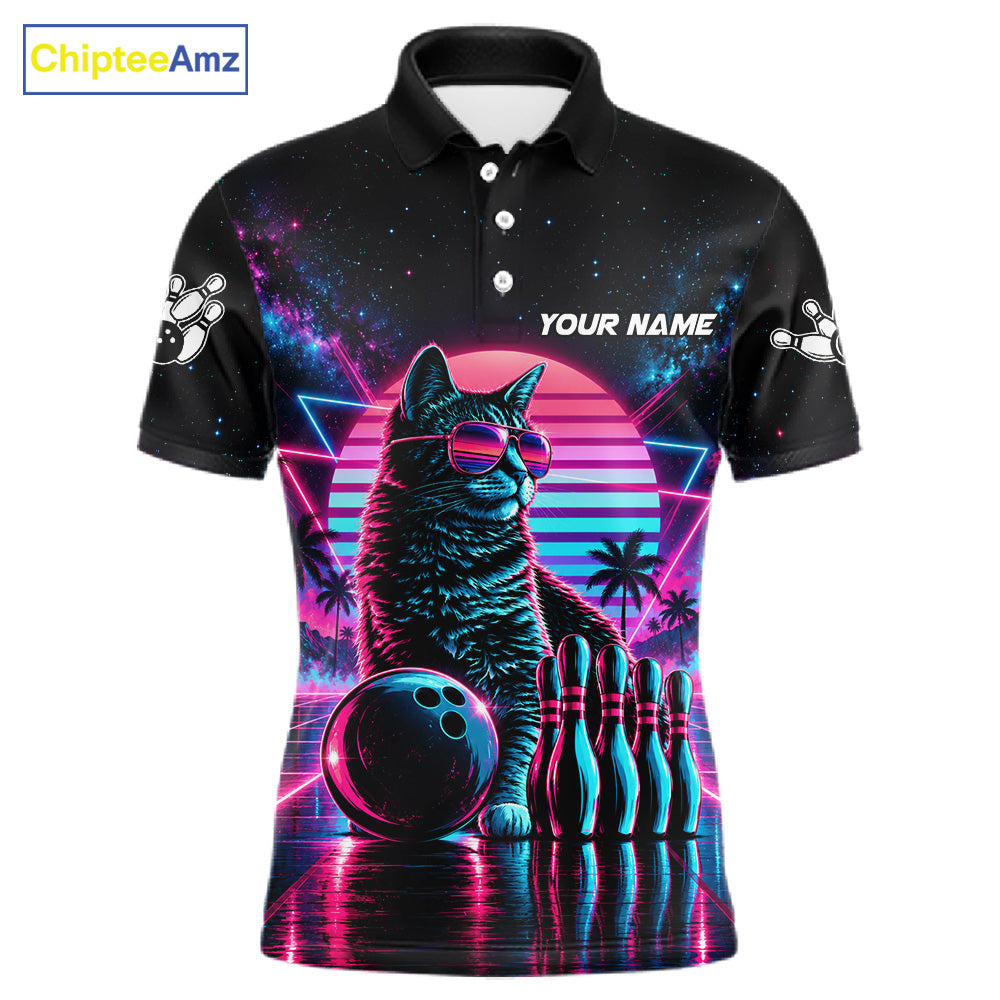 Custom Neon Tabby Cat Vintage 80S Bowling Polo 1/4-Zip Shirt For Men Personalized Retro Bowling Jersey NYN4828