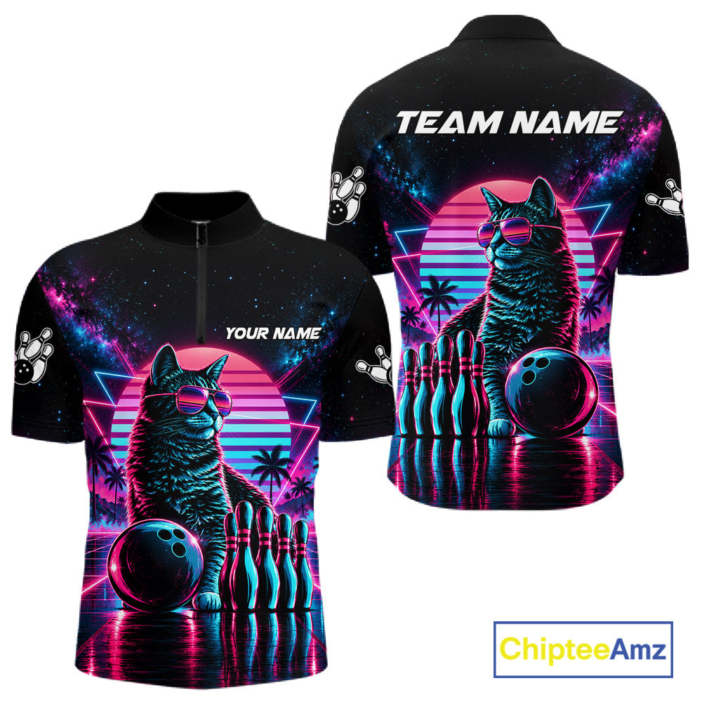Custom Neon Tabby Cat Vintage 80S Bowling Polo 1/4-Zip Shirt For Men Personalized Retro Bowling Jersey NYN4828