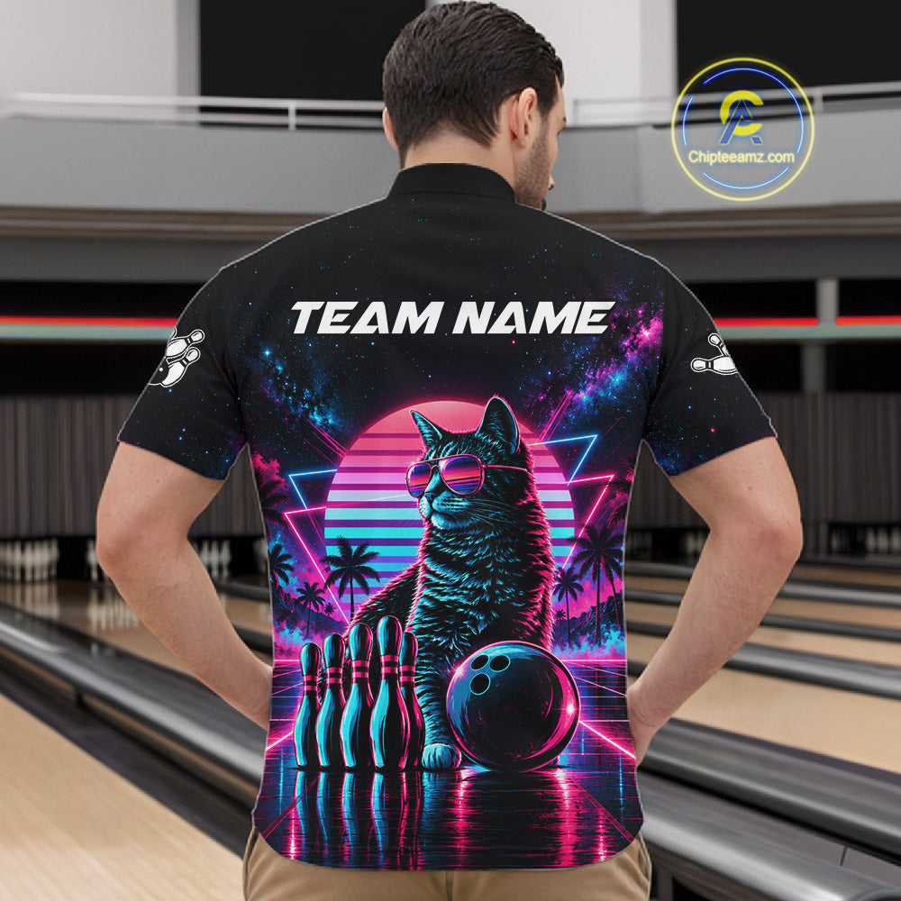 Custom Neon Tabby Cat Vintage 80S Bowling Polo 1/4-Zip Shirt For Men Personalized Retro Bowling Jersey NYN4828