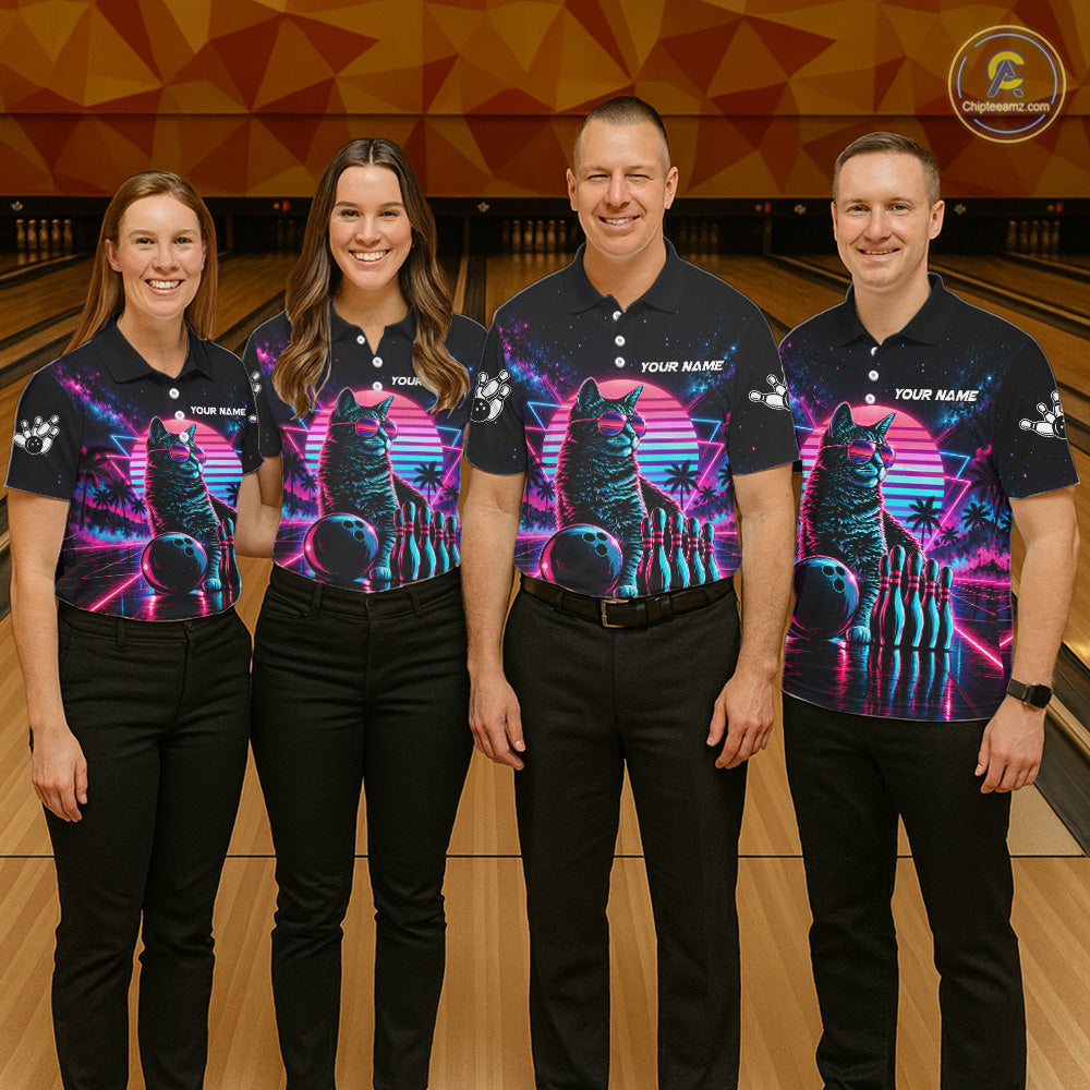 Custom Neon Tabby Cat Vintage 80S Bowling Polo 1/4-Zip Shirt For Men Personalized Retro Bowling Jersey NYN4828