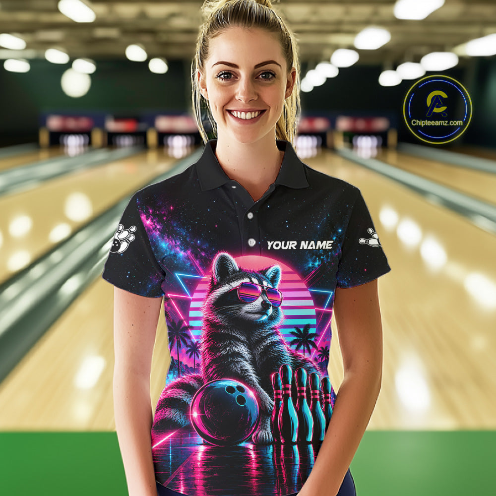 Custom Neon Raccoon Vintage 80S Bowling Polo 1/4-Zip Shirt For Women Personalized Retro Bowling Jersey NYN4829