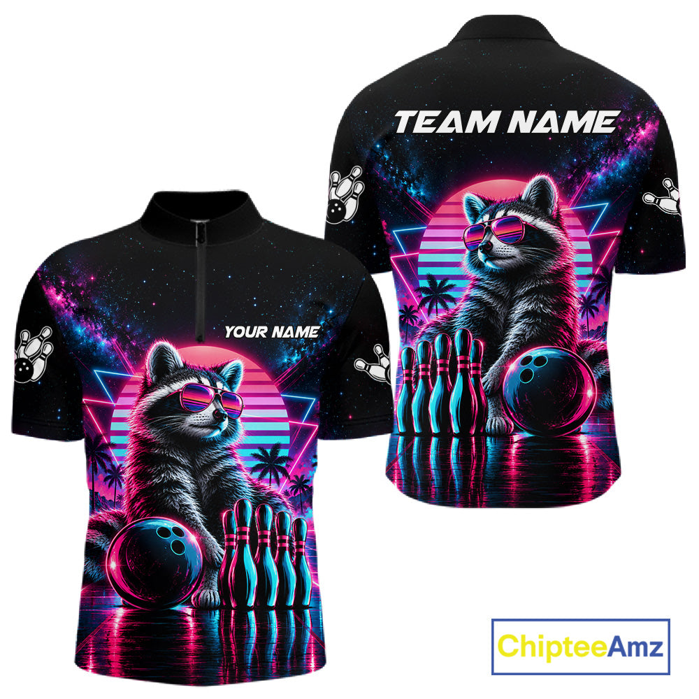 Custom Neon Raccoon Vintage 80S Bowling Polo 1/4-Zip Shirt For Men Personalized Retro Bowling Jersey NYN4829