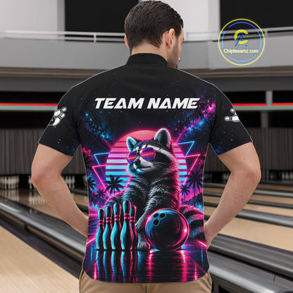 Custom Neon Raccoon Vintage 80S Bowling Polo 1/4-Zip Shirt For Men Personalized Retro Bowling Jersey NYN4829