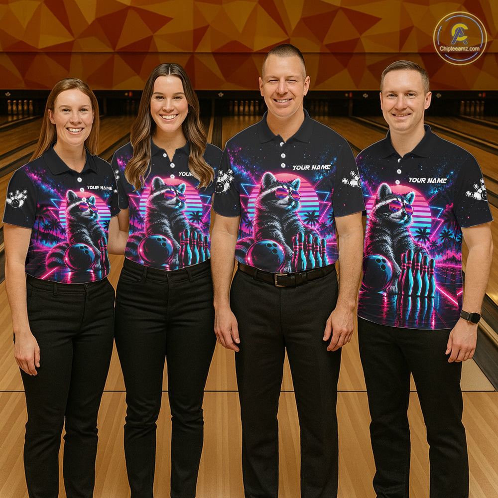 Custom Neon Raccoon Vintage 80S Bowling Polo 1/4-Zip Shirt For Women Personalized Retro Bowling Jersey NYN4829