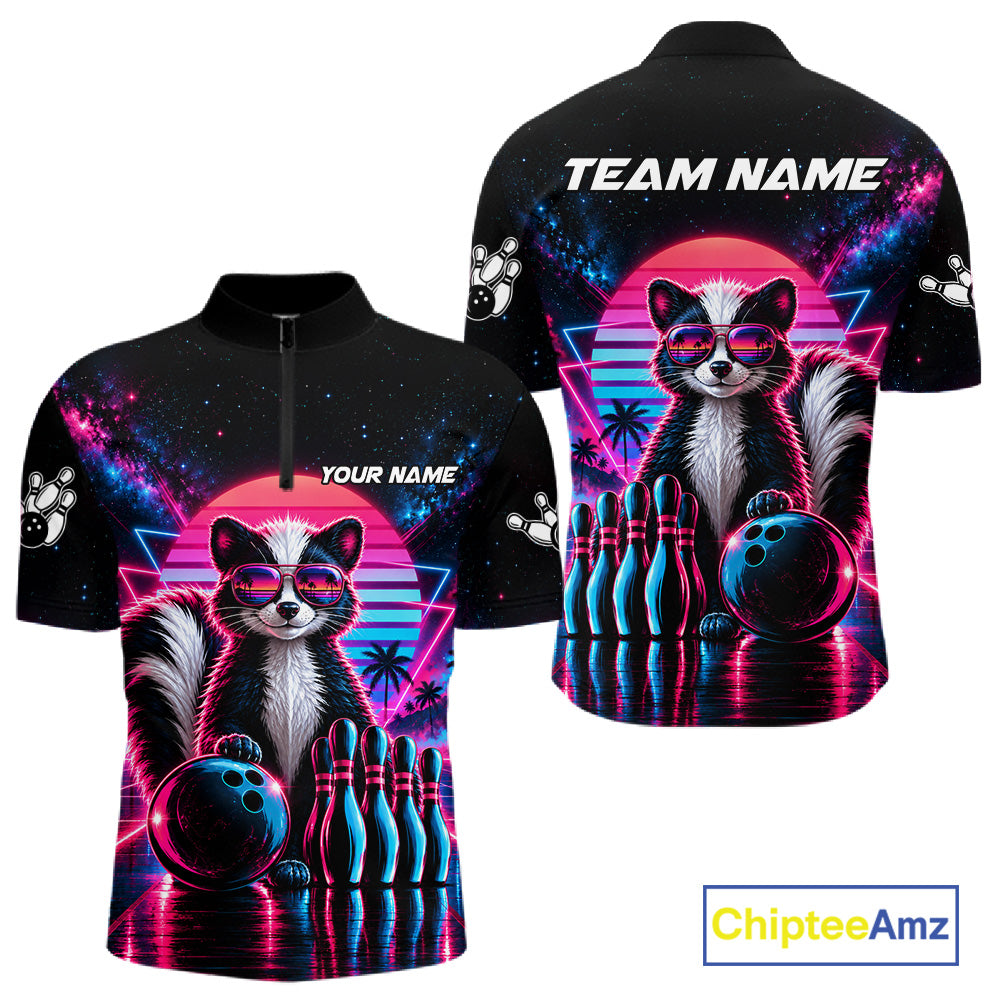 Custom Neon Skunk Vintage 80S Bowling Polo 1/4-Zip Shirt For Men Personalized Retro Bowling Jersey NYN4830