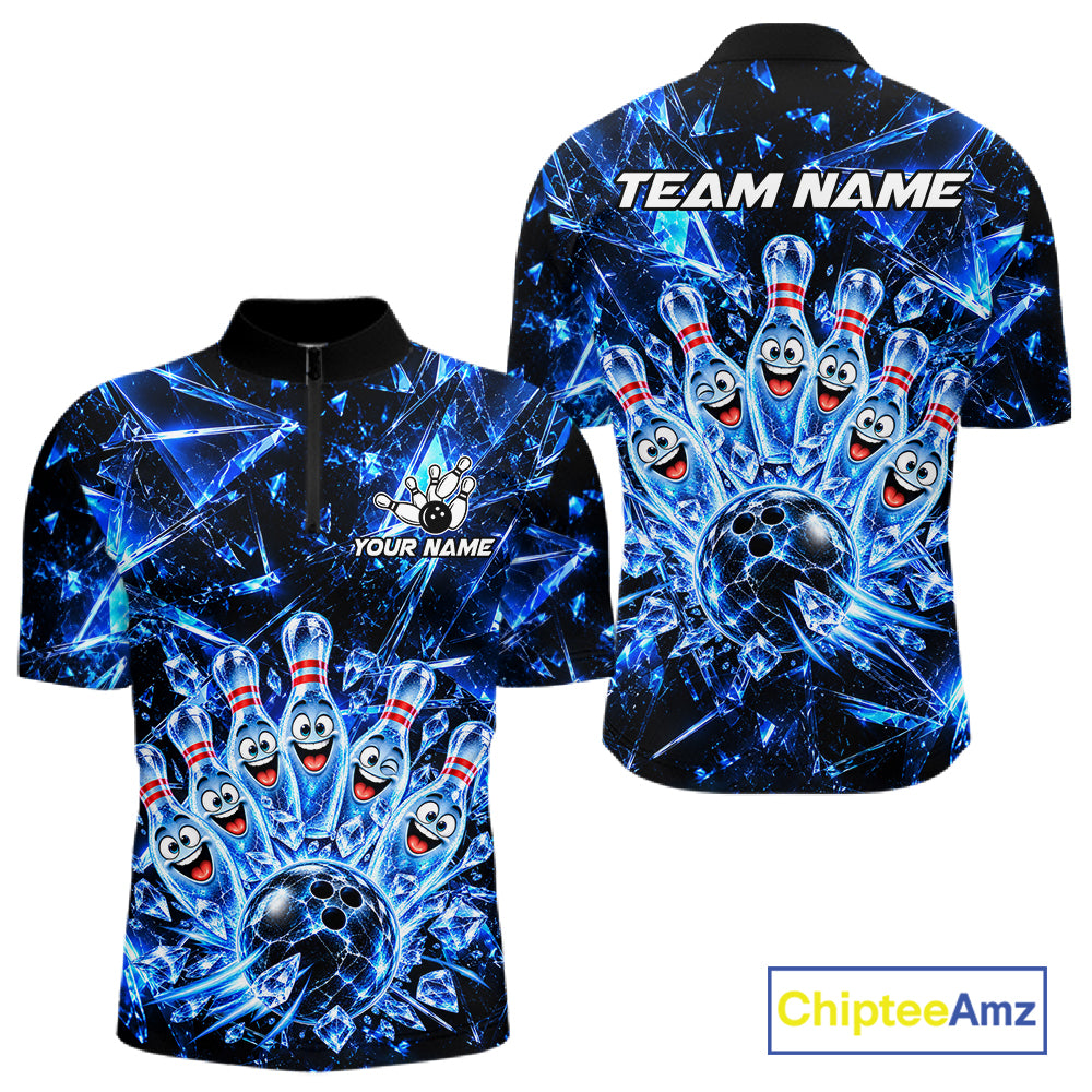 Custom Funny Ice Bowling Pins Polo 1/4-Zip For Men Blue Crystal Bowling Team Apparel Shirts NYN4836