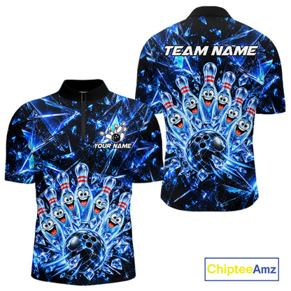 Custom Funny Ice Bowling Pins Polo 1/4-Zip For Men Blue Crystal Bowling Team Apparel Shirts NYN4836