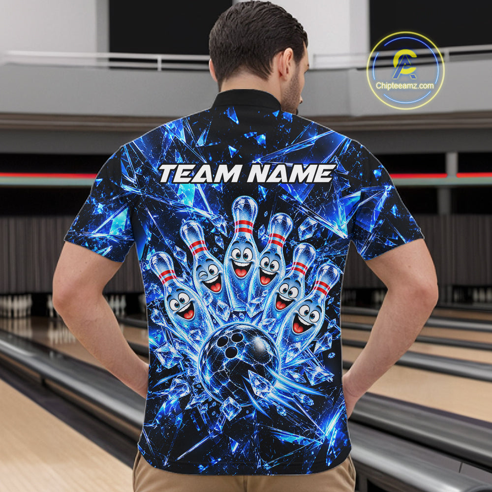 Custom Funny Ice Bowling Pins Polo 1/4-Zip For Men Blue Crystal Bowling Team Apparel Shirts NYN4836