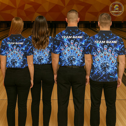 Custom Funny Ice Bowling Pins Polo 1/4-Zip For Men Blue Crystal Bowling Team Apparel Shirts NYN4836
