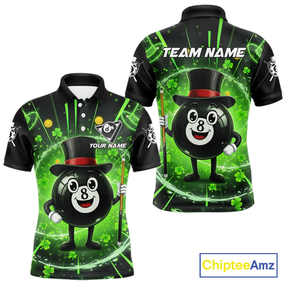 Funny Patrick Day 8 Ball Pool Men's Billiard Polo & 1/4 Zip Shirt Custom Shamrock Billiard Attire NYN2479