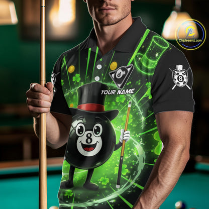 Funny Patrick Day 8 Ball Pool Men's Billiard Polo & 1/4 Zip Shirt Custom Shamrock Billiard Attire NYN2479