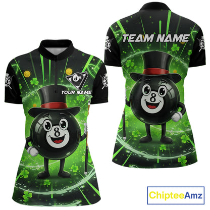 Funny Patrick Day 8 Ball Pool Women's Billiard Polo & 1/4 Zip Shirt Custom Shamrock Billiard Attire NYN2479