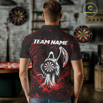 Black & Red Splatter Grim Reaper Hold Dartboard Dart Polo Shirts For Men Custom Dart Team Shirts NYN2681