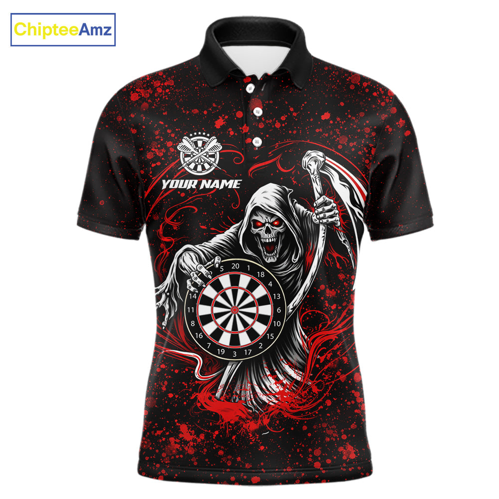 Black & Red Splatter Grim Reaper Hold Dartboard Dart Polo Shirts For Men Custom Dart Team Shirts NYN2681
