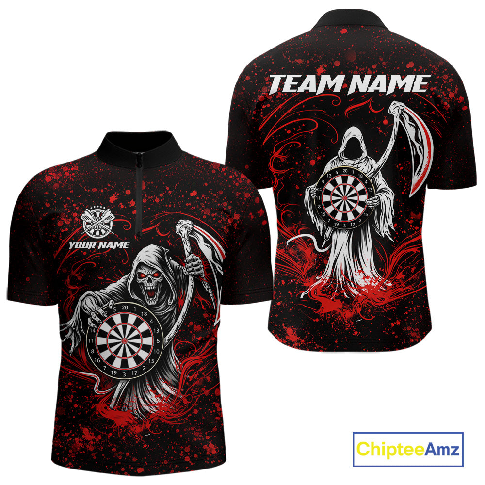 Black & Red Splatter Grim Reaper Hold Dartboard Dart 1/4-Zip Shirt For Men Custom Dart Team Shirts NYN2681