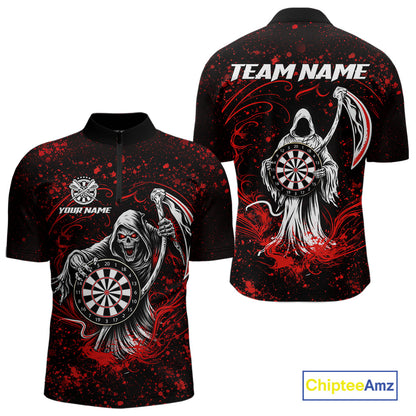 Black & Red Splatter Grim Reaper Hold Dartboard Dart 1/4-Zip Shirt For Men Custom Dart Team Shirts NYN2681
