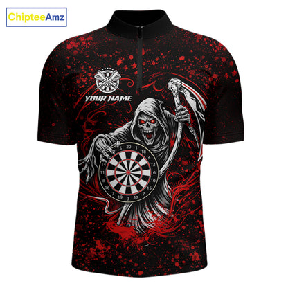 Black & Red Splatter Grim Reaper Hold Dartboard Dart 1/4-Zip Shirt For Men Custom Dart Team Shirts NYN2681