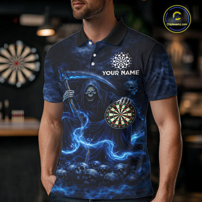 Blue Smoking Grim Reaper Dartboard Dart Polo Shirts For Men Custom Multiskull Dart Team Shirts NYN2683