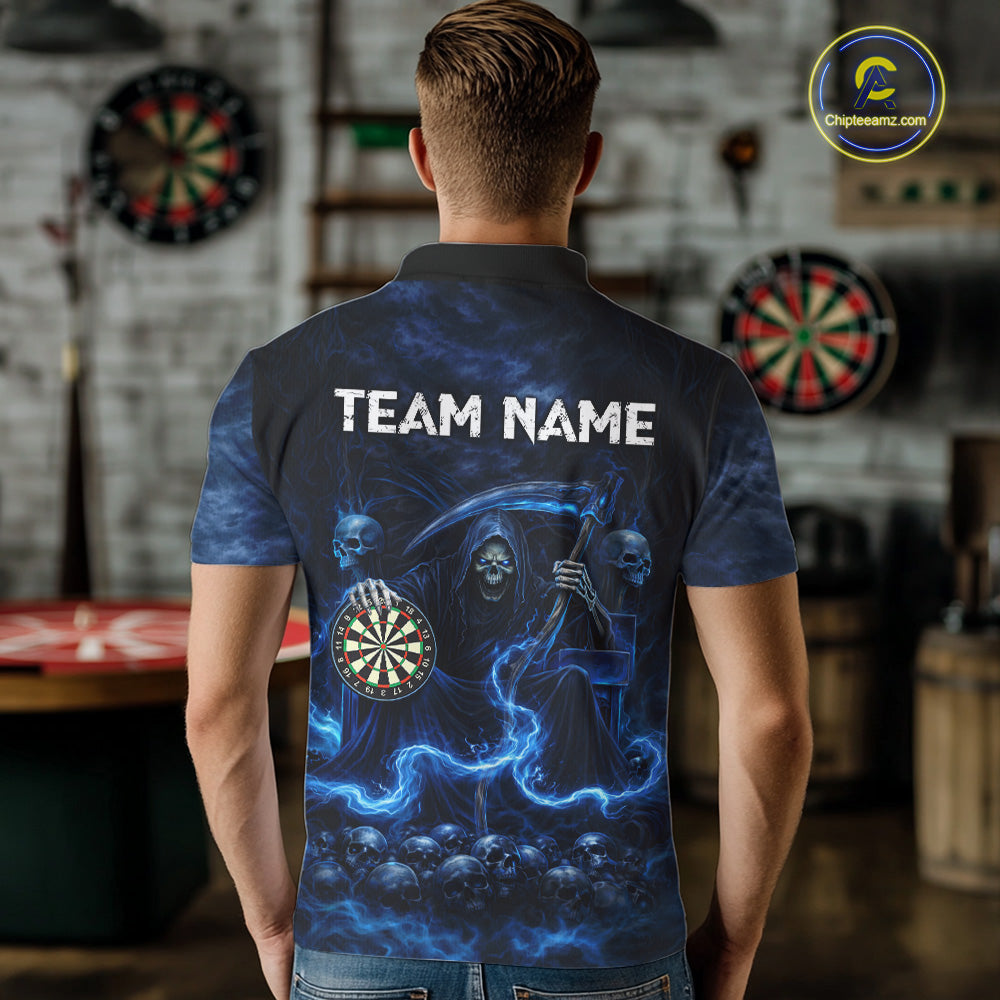 Blue Smoking Grim Reaper Dartboard Dart Polo Shirts For Men Custom Multiskull Dart Team Shirts NYN2683