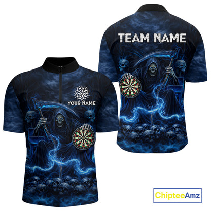 Blue Smoking Grim Reaper Dartboard Dart 1/4-Zip Shirts For Men Custom Multiskull Dart Team Shirts NYN2683