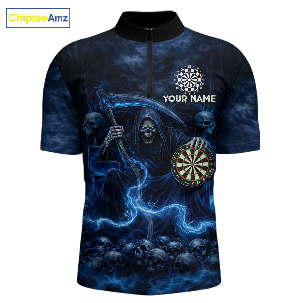 Blue Smoking Grim Reaper Dartboard Dart 1/4-Zip Shirts For Men Custom Multiskull Dart Team Shirts NYN2683