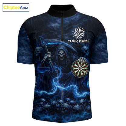 Blue Smoking Grim Reaper Dartboard Dart 1/4-Zip Shirts For Men Custom Multiskull Dart Team Shirts NYN2683