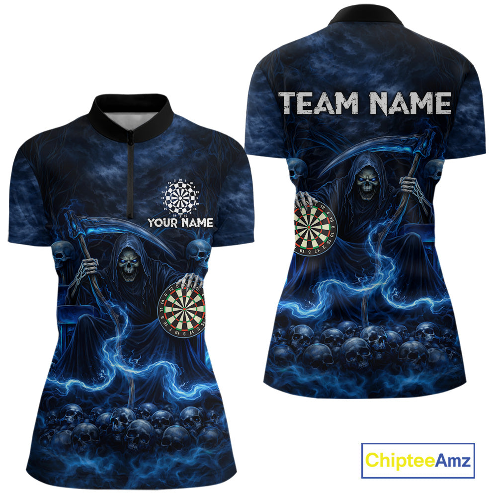 Blue Smoking Grim Reaper Dartboard Dart 1/4-Zip Shirts For Women Custom Multiskull Dart Team Shirts NYN2683