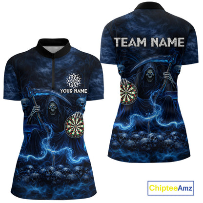 Blue Smoking Grim Reaper Dartboard Dart 1/4-Zip Shirts For Women Custom Multiskull Dart Team Shirts NYN2683