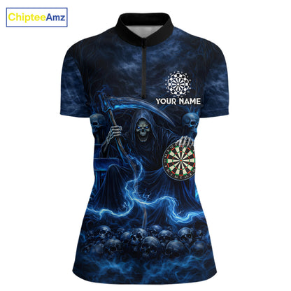 Blue Smoking Grim Reaper Dartboard Dart 1/4-Zip Shirts For Women Custom Multiskull Dart Team Shirts NYN2683