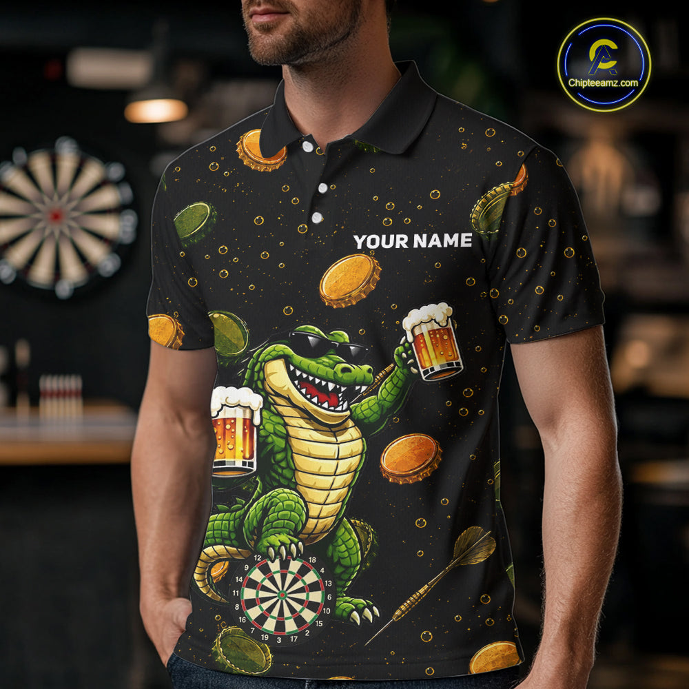 Man wearing beer and alligator dart shirt funny dart player apparel