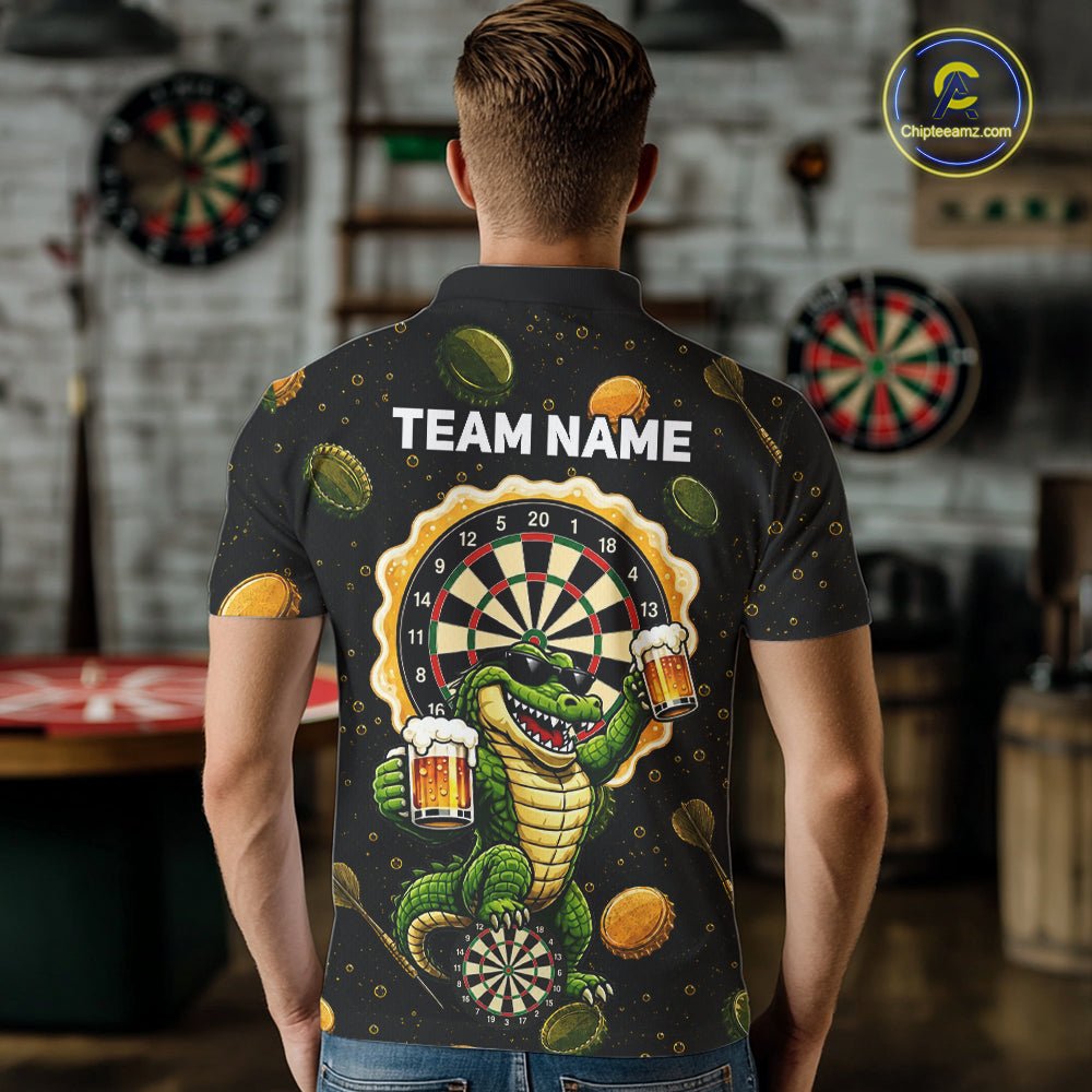 Man wearing beer and alligator dart shirt funny dart player apparel