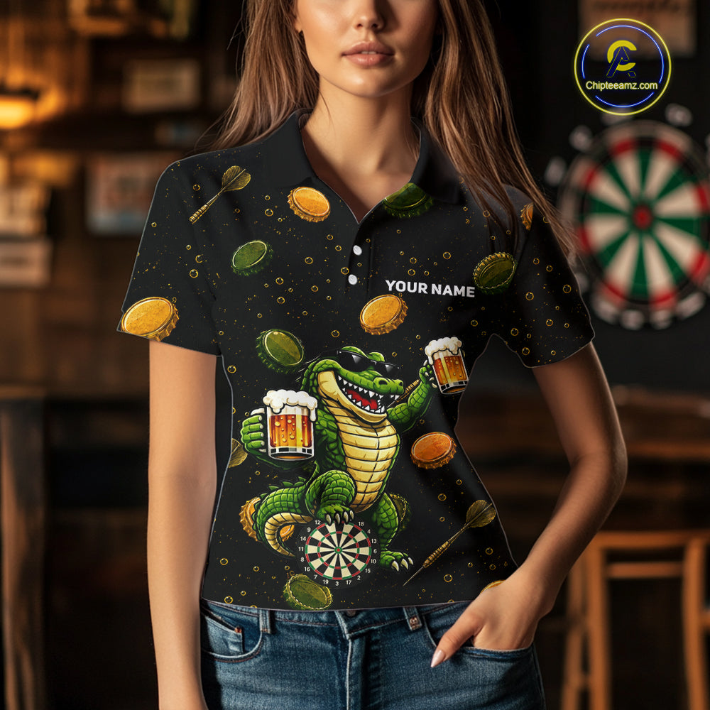 Woman wearing beer and alligator dart shirt funny dart player apparel