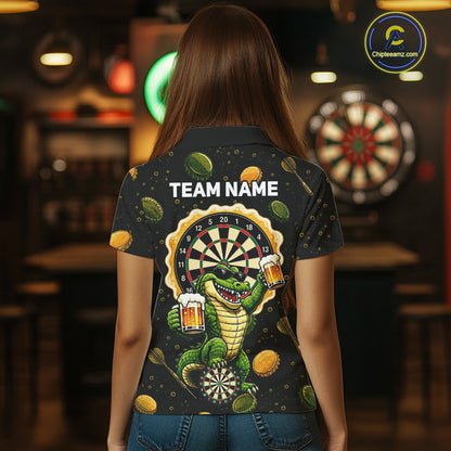 Woman wearing beer and alligator dart shirt funny dart player apparel