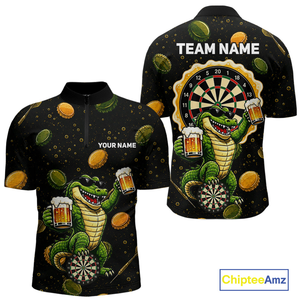 Men's beer and alligator dart quarter zip shirt mockup custom dart apparel