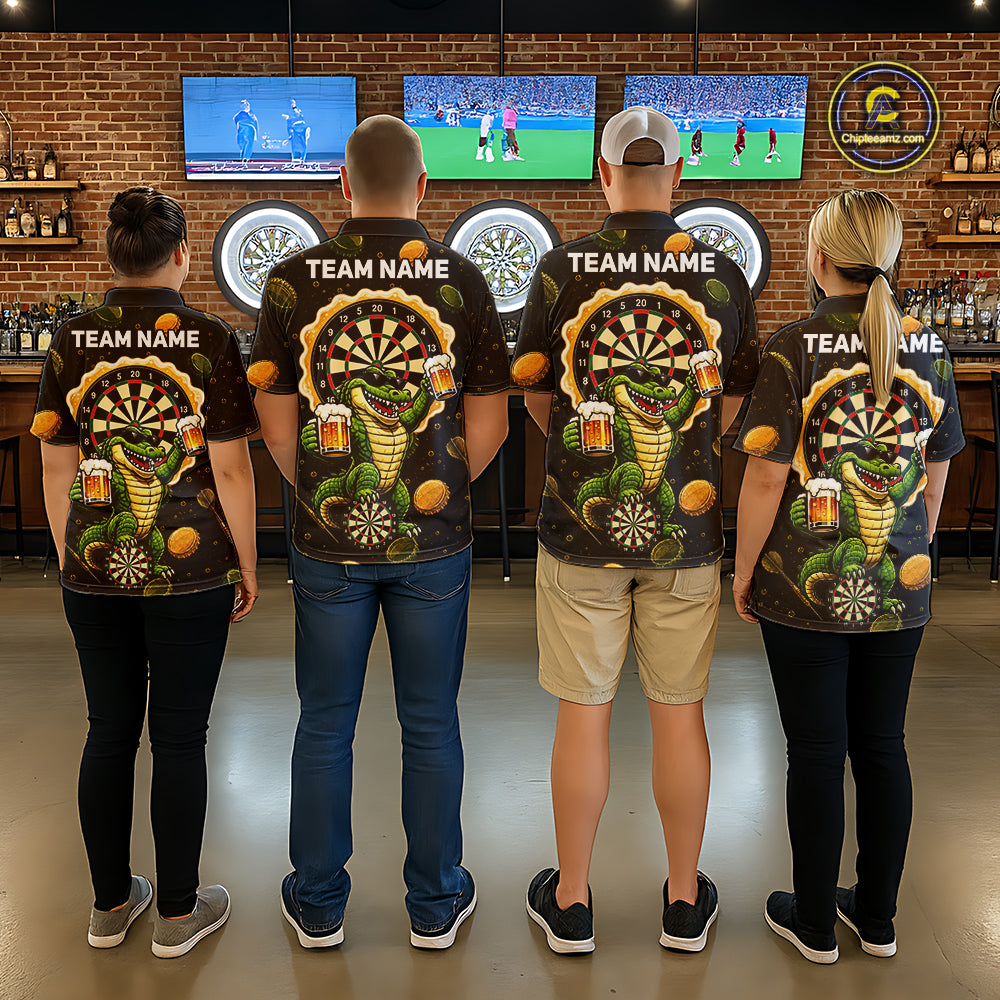 Men's dart team wearing beer and alligator dart jerseys custom tournament uniforms
