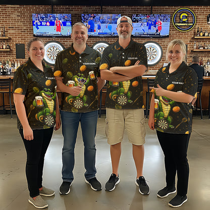 Men's dart team wearing beer and alligator dart jerseys custom tournament uniforms