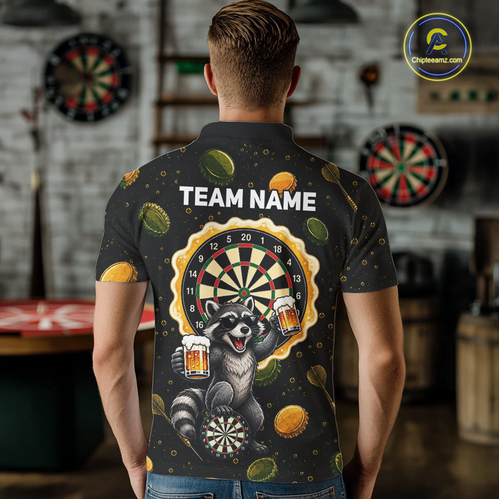 Man wearing beer and raccoon dart shirt funny dart player apparel