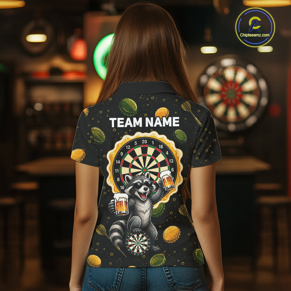 Woman wearing beer and raccoon dart shirt funny dart player apparel