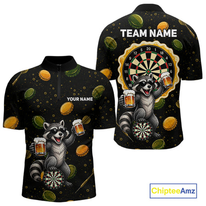 Men's beer and raccoon dart quarter zip shirt mockup custom dart apparel