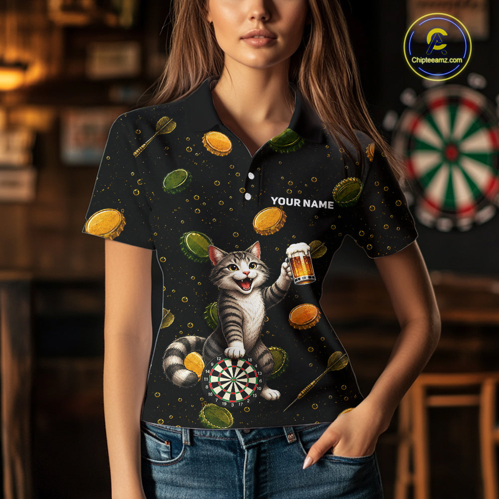 Woman wearing beer and cat dart shirt funny dart player apparel
