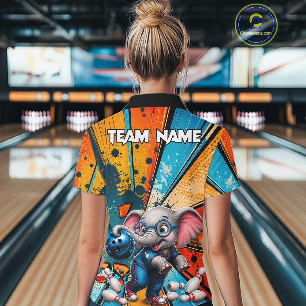 Female bowler smiling while wearing Funny Elephant bowling jersey representing wisdom, loyalty, kindness, friendship, family fun, personalized bowling apparel, mascot sports fashion