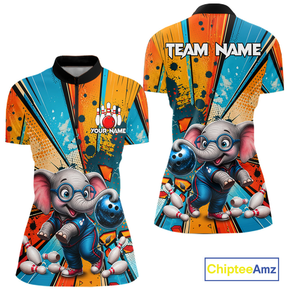 Funny Elephant Quarter-Zip Bowling Shirt featuring personalized graphics, cartoon elephant mascot, moisture-wicking performance fabric, breathable bowling tournament apparel, athletic sportswear.