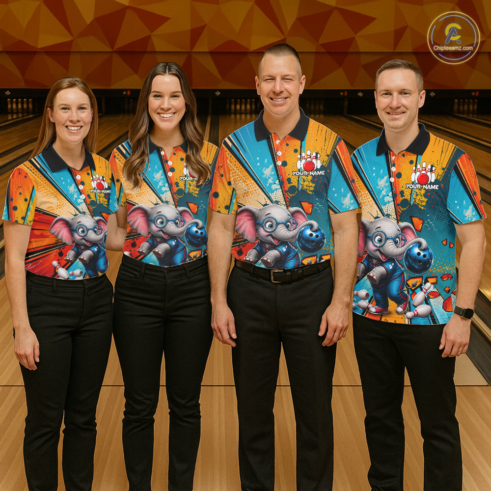 Bowling team wearing matching Funny Elephant jerseys with personalized names, mascot-inspired uniforms, family bowling league apparel, corporate team building, friendship, loyalty, teamwork, fun competition, championship spirit.