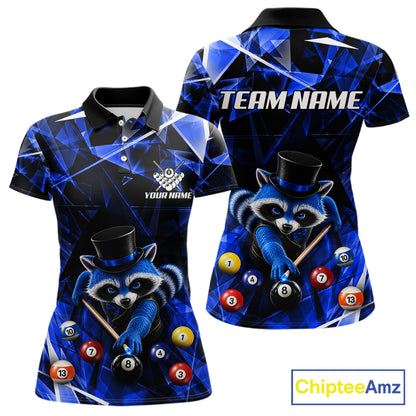 Funny Raccoon 8 Ball Billiard Shirt For Women Custom Blue Broken Glass Pool Polo & 1/4 Zip Jersey NYN3790