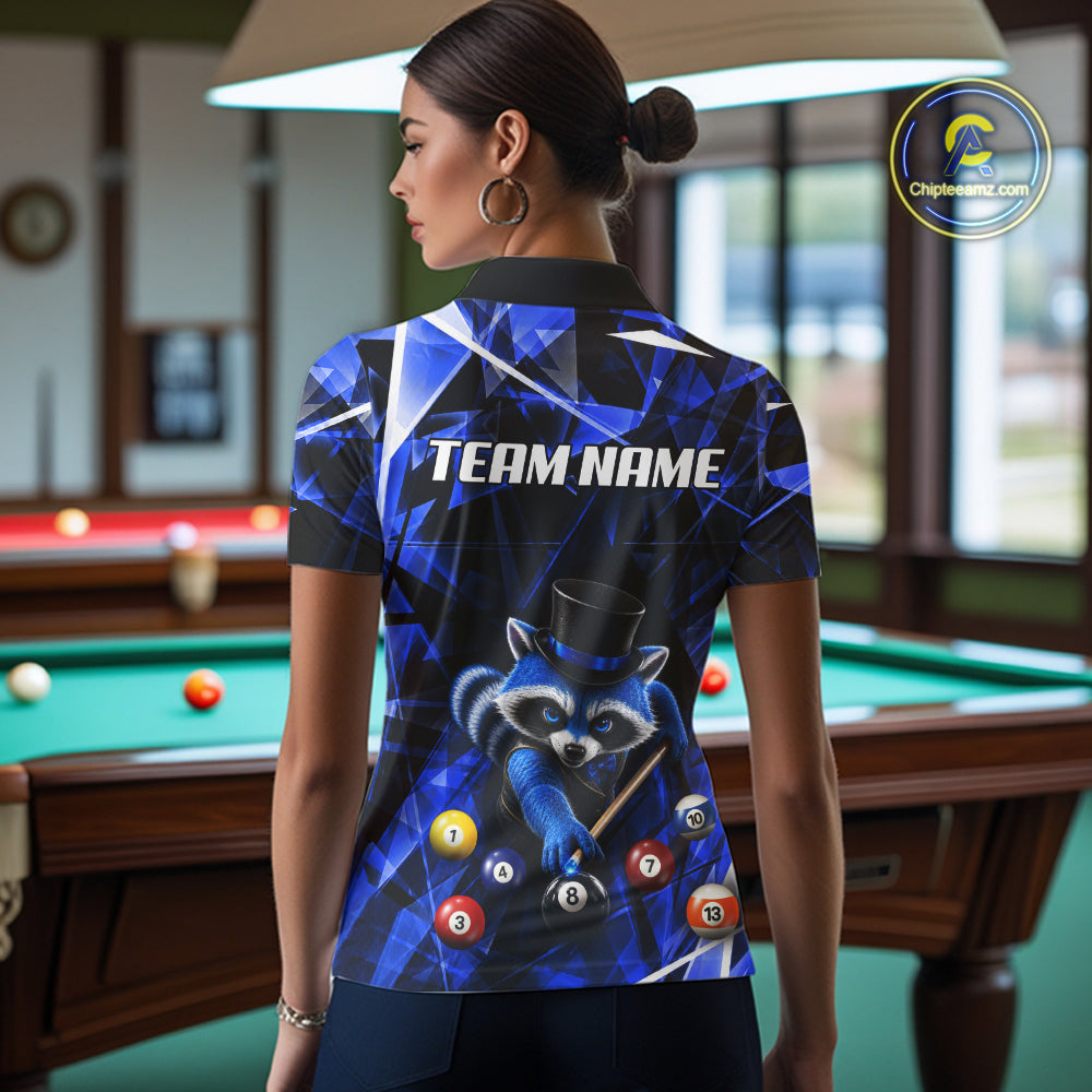Funny Raccoon 8 Ball Billiard Shirt For Women Custom Blue Broken Glass Pool Polo & 1/4 Zip Jersey NYN3790