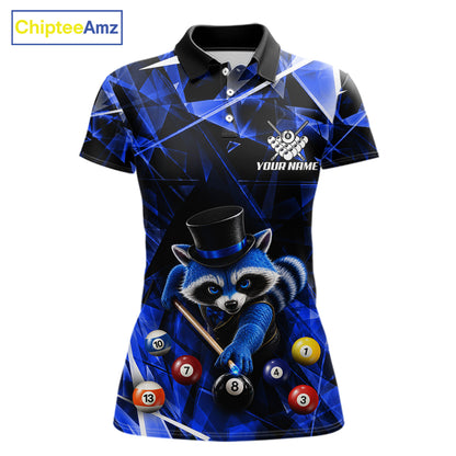 Funny Raccoon 8 Ball Billiard Shirt For Women Custom Blue Broken Glass Pool Polo & 1/4 Zip Jersey NYN3790