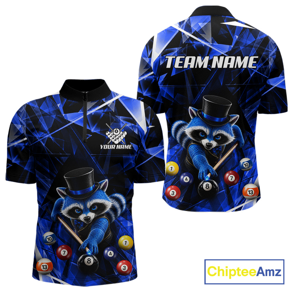 Funny Raccoon 8 Ball Billiard Shirt For Men Custom Blue Broken Glass Pool Polo & 1/4 Zip Jersey NYN3790