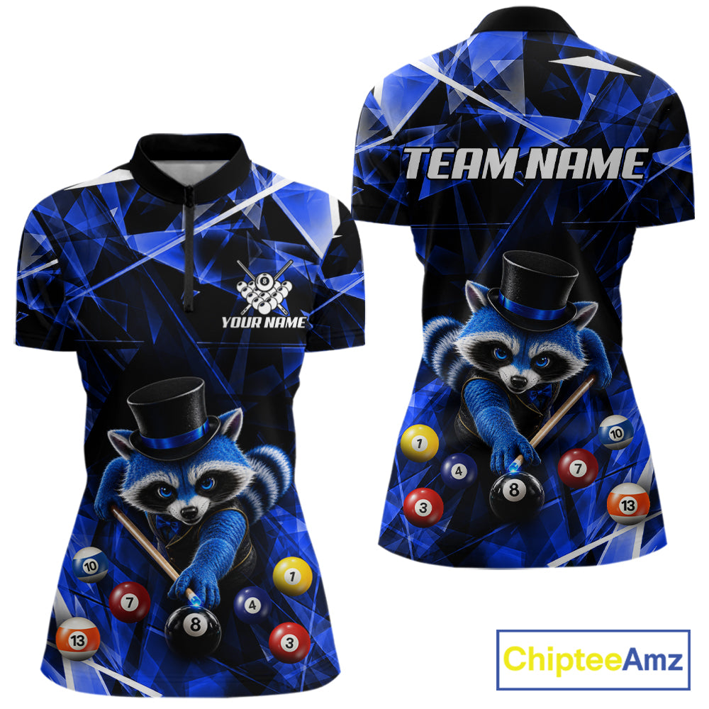 Funny Raccoon 8 Ball Billiard Shirt For Women Custom Blue Broken Glass Pool Polo & 1/4 Zip Jersey NYN3790