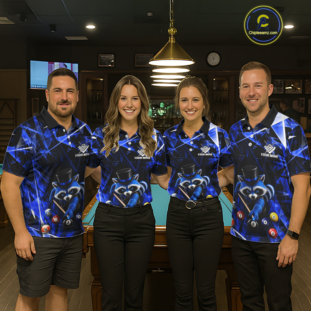 Funny Raccoon 8 Ball Billiard Shirt For Men Custom Blue Broken Glass Pool Polo & 1/4 Zip Jersey NYN3790