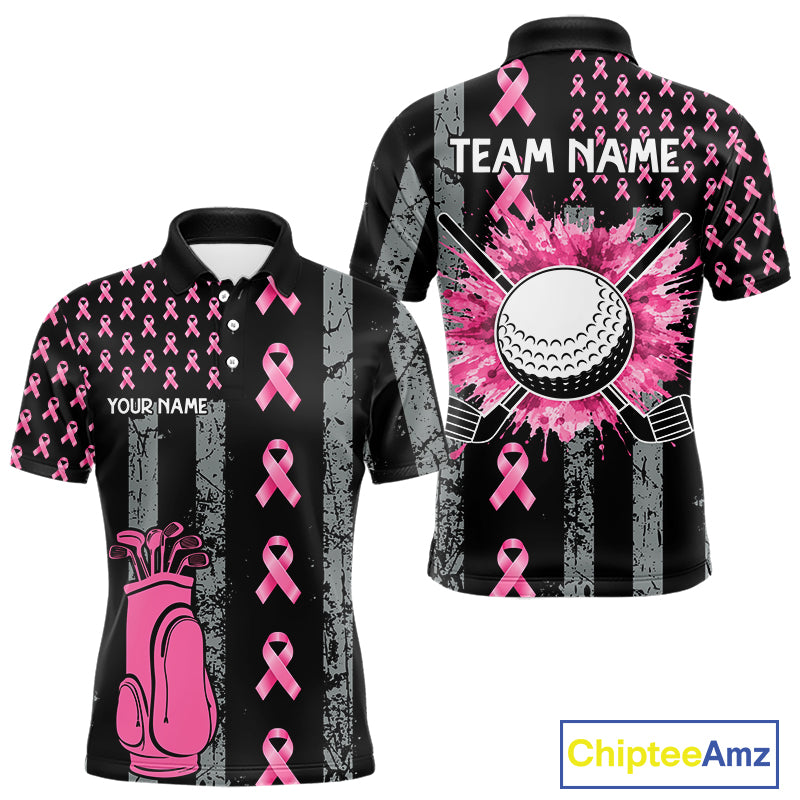 Custom Black Grunge US Flag Pink Ribbon Golf Polo Shirts For Men Breast Cancer Golf Shirts NYN4078
